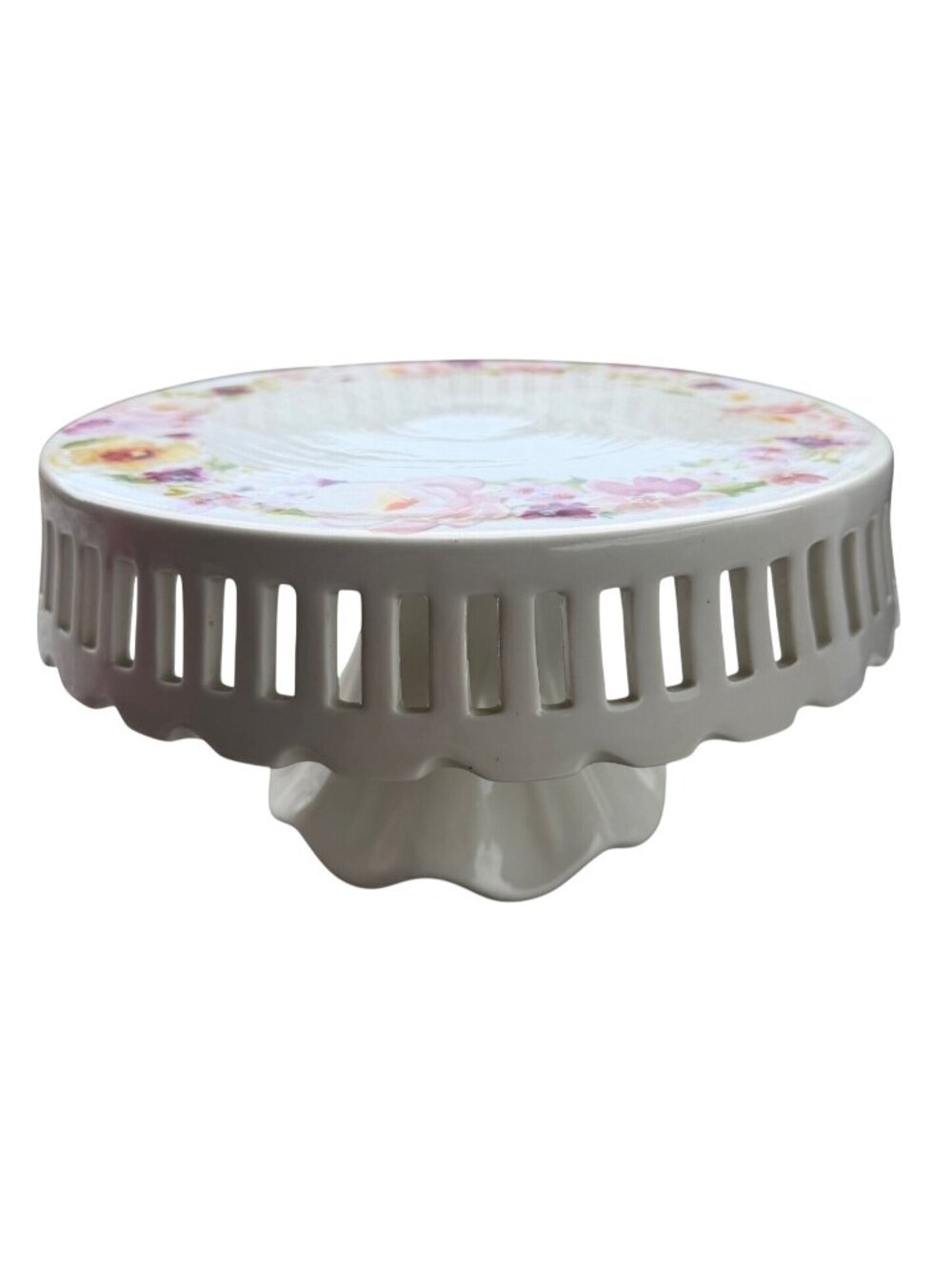 Elegance Brand White Ceramic Pedestal Floral Cake Stand w/Scalloped Edge Rim